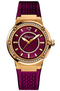 Ferragamo Women's FIG100015 F-80 Precious Diamonds Gold IP Burgundy Rubber Watch