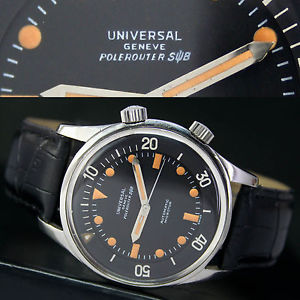 Vintage UNIVERSAL Geneve Polerouter SUB Automatic Steel Mens Watch Black Radium