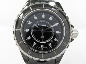 Auth CHANEL Stainless Steel Diamond J12 Womens Watch Quartz Black