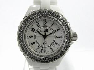 Auth CHANEL Stainless Steel Ceramic J12 33mm Black Diamond Bezel Watch