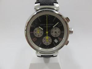 Auth LOUIS VUITTON Stainless Steel Tambour Chronograph Watch Q1120 Men