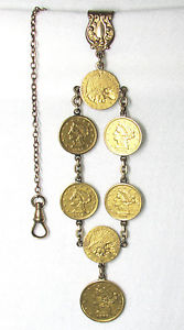 Unique Pocket Watch Chain Fob Belt Clip 6 GOLD QUARTER EAGLES 1 GOLD HALF EAGLE