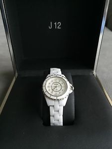 $5900 CHANEL J12 Quartz 29mm White Ceramic 8P Diamonds MOP face Ladies Watch