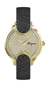 Ferragamo Women's FIZ150015 Signature Diamonds Gold IP Black Leather Wristwatch