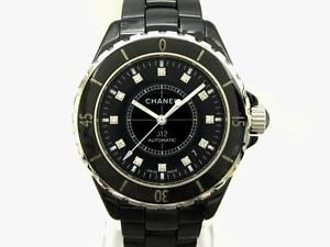 Auth CHANEL Stainless Steel Ceramic Diamond J12 Mens Automatic Black