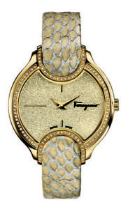 Ferragamo Womens FIZ080015 Signature Diamond Gold IP Beige Leather Wristwatch