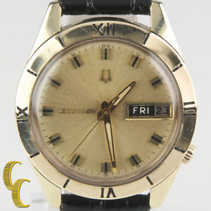 Bulova Accutron 14k Yellow Gold Tuning Fork 218 Day/Date Watch w/ Leather Band