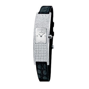 MILUS ERI300 LADIES BLACK LEATHER DIAMONDS WHITE GOLD CASE MINERAL GLASS WATCH