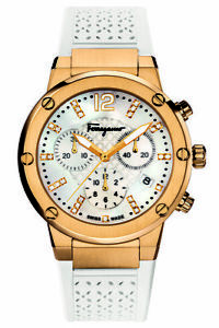 Ferragamo Women's FIH030015 F-80 Chrono Diamond Gold IP MOP Dial Rubber Watch