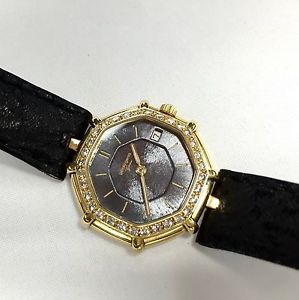 Authentic GÉRALD GENTA 18K Gold Ladies Watch w/ DIAMONDS and Black Leather Band