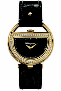 Ferragamo Women's FG5140015 Buckle Diamonds Gold Ip Black Leather Wristwatch