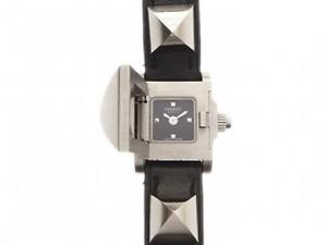 Pre-owned HERMES ME2.111 Minime Doll SS × Leather Quartz Black Dial Watch,AS