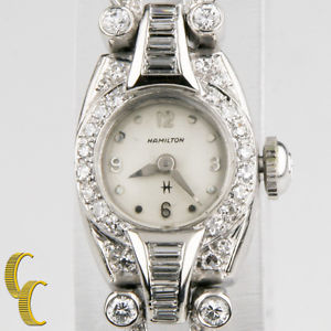 14k White Gold Diamond Vintage Hamilton Ladies Hand-Winding Watch Safety Chain