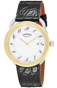New HERMES Aruso SS (K18YG)/Leather White Dial Men's Watch AR5.720.130/MNO, MR