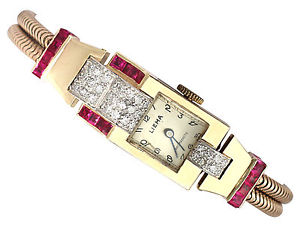 1.11ct Diamond & 0.55ct Ruby, 9ct Yellow Gold Watch - Art Deco Style - Vintage
