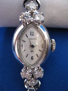 ANTIQUE .72CTW DIAMOND 14KT WHITE GOLD HAMILTON MECHANICAL WATCH 6.75" #19449