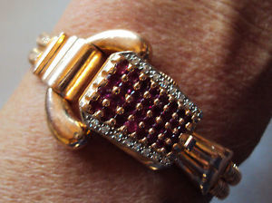 Antique Lucien Piccard 14k Rose Gold Hidden Watch Face Bracelet Diamond Ruby 32g