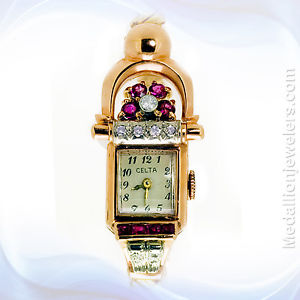 Vintage 14K Rose Gold Art Deco Diamond & Ruby Ladies watch