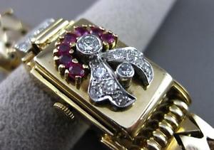 ANTIQUE 1.43CT DIAMOND & AAA RUBY 14KT 2TONE GOLD PHILLIPE WATCH BRACELET #2644