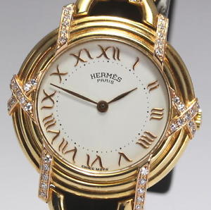 Authentic HERMES Ruban 18K Solid Yellow Gold Diamond Ladies wrist watch_266412