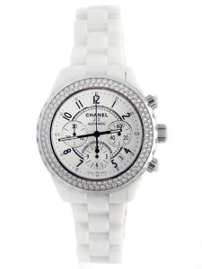 Unisex Chanel J12 White Ceramic AM Diamond Bezel Chronograph Automatic 41mm
