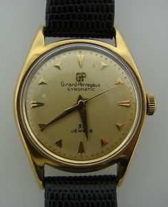 GIRARD PERREGAUX GYROMATIC 39 JEWELS WATCH LEATHER STRAP 14K YELLOW GOLD