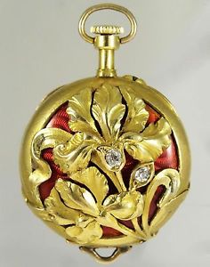Rare Art Nouveau 18K Gold Enamel Toi Et Moi Diamonds Iris Flowers Watch Pendant!