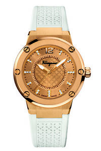 Ferragamo Women's FIG070015 F-80 Diamond Gold IP White Rubber Wristwatch