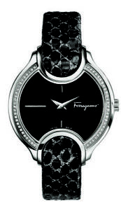 Ferragamo Women's FIZ070015 Signature Diamonds Black Leather Wristwatch