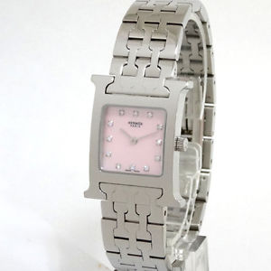 Pre-owned HERMES H SS x Quartz Pink Dial 12P Diamond HH1.210.285 Ladies Watch,AS