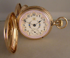 ANTIQUE HAMPDEN 14k SOLID GOLD HUNTER CASE FANCY DIAL 18s POCKET WATCH YEAR 1890