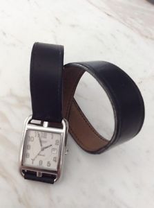 Authentic Hermes CAPE COD WATCH Automatic Black Leather Double Tour Strap Paris