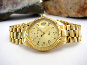 GENEVE 18K/750er MASSIV VOLLGOLD QUARTZ SWISS MADE DATUM DAMENUHR LADIES WATCH