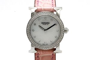 Pre-Owned HERMES HR1.230 SS / Leather Ladies White Quartz Shell 12P Diamonds, MD