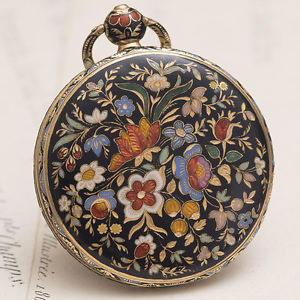 Antique 18k GOLD & CHAMPLEVE ENAMEL Pocket or Pendant Lady Watch  1830s
