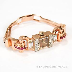 Vintage 14k Rose Gold Overton Watch with Rubies & Diamonds #56935