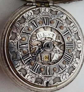 MUSEUM 18thC Verge Fusee Calendar silver Watch Champleve Dial.Louis XIV portrait
