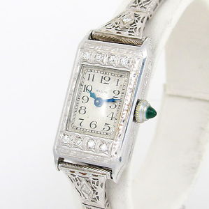 Antique ELGIN 18k White Gold Diamond 14k Filigree Band Cocktail Wrist Watch | G