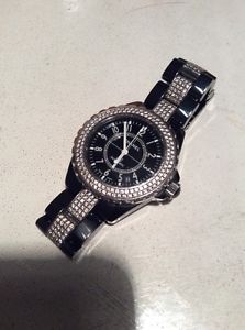 Authentic Chanel J12 Watch Black Ceramic 42 MM Diamond Band Diamond Bezel W/ Box
