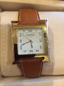 AUTH Hermes Heure H Watch Gold Plated XL with leather strap 32.2x32.2