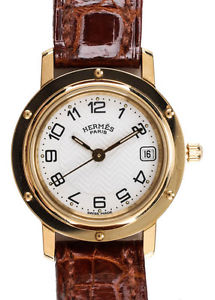 AUTH HERMES Brown Crocodile 18KT Gold Clipper CL4.285 Wrist Watch MHL WC6304