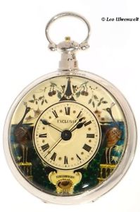 A RARE, POCKET WATCH WITH MOCK PENDULUM AND LAVYSHLY DECORATED DIAL