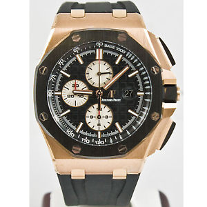 Audemars Piguet 44mm Rose Gold Royal Oak Offshore Watch Rubber Strap Black Dial