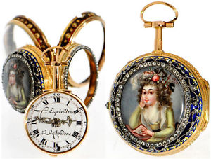 A RARE FRES. ESQUILLON & DELHOUDENS 20K GOLD ENAMEL POCKET WATCH IN TRIPLE CASE