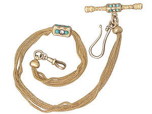 Antique 0.52ct Diamond & Turquoise, 18ct Yellow Gold Lorgnette/Watch Chain