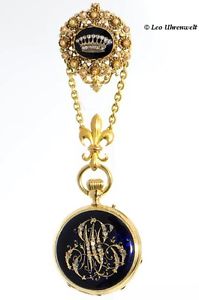 DECORATIVE 18K GOLD ENAMEL POCKET WATCH WITH CORRESPONDING FOB AND LEATHER BOX