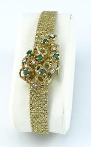 GENEVE SWISS 14K YELLOW GOLD, DIAMOND & EMERALD HIDDEN DIAL FLIP TOP WRISTWATCH