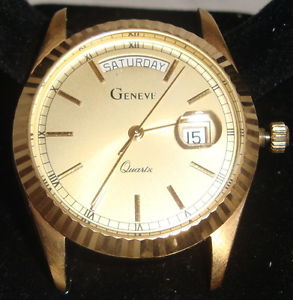 Men's 14K Solid GOLD Geneve Quartz Watch Roman Numerals