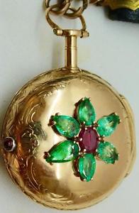 MUSEUM French 22k Gold,6ct Emeralds&1ct Ruby Verge Fusee Watch,Romilly a Paris
