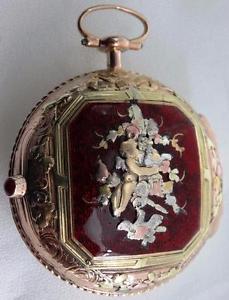 MUSEUM 22k vari-color Gold&Enamel Baillon Paris Verge Fusee watch.Chinese market
